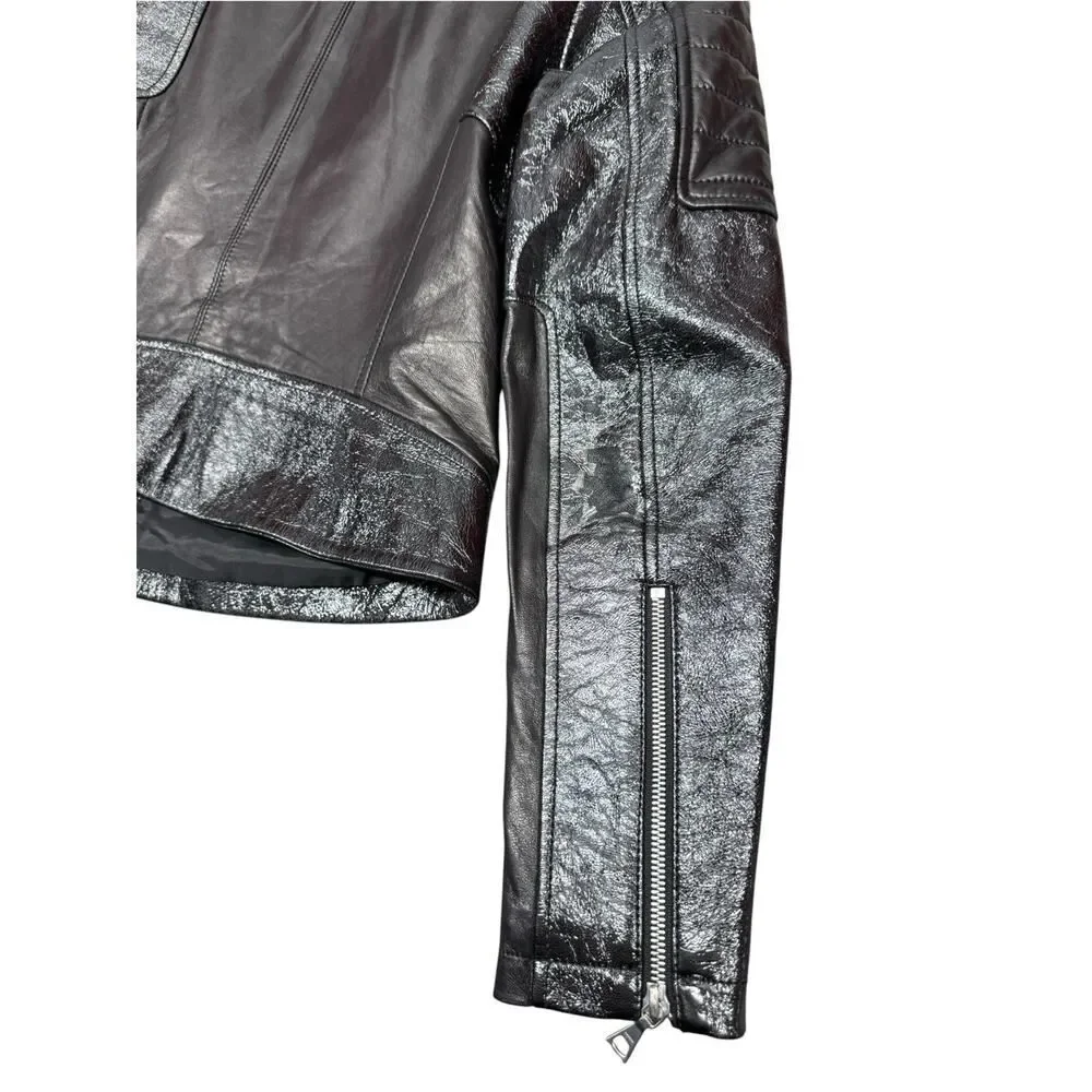 Theory Shezi Lamb Leather Moto Jacket Black Patent Crackled Zip M